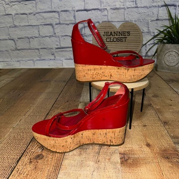 PRADA Wedge Cork Sandals Leather Platform Heels Bliss Rosso Sz 38 EU 8B US Italy - Picture 5 of 12